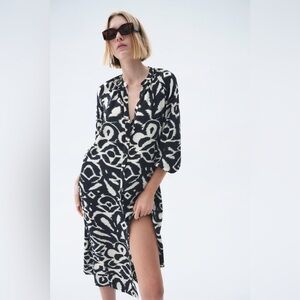 Zara black and white abstract print kaftan shirt dress cover-up